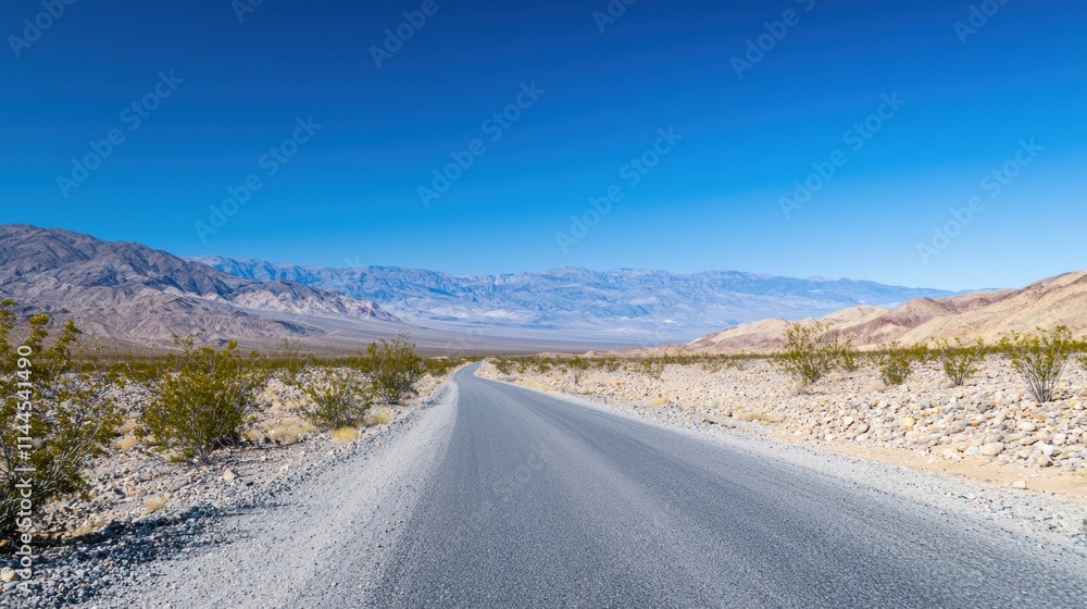 A long, empty desert road stretching into the horizon with barren sand dunes on both sides under a clear blue sky. A long, empty desert road stretching into the horizon with barren sand dunes on both sides under a clear blue sky.
