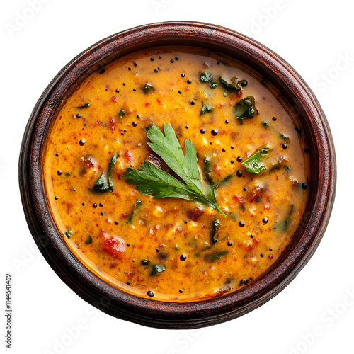 Top view of an extremely perfect looking gojju avalakki in a dark terracotta pot isolated on a white transparent background photo