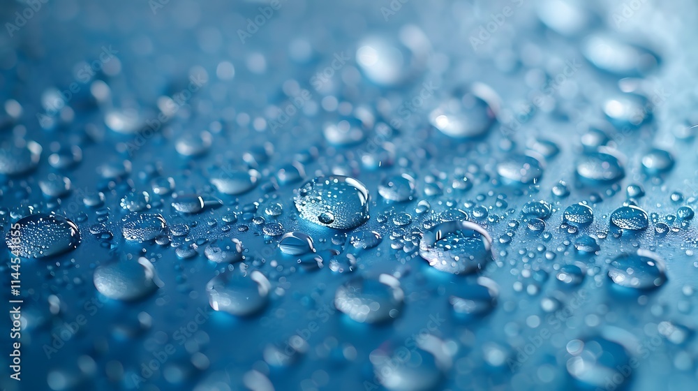 Delicate water droplets in macro detail arranged on a shiny surface with tranquil blue gradient Delicate water droplets in macro detail arranged on a shiny surface with tranquil blue gradient