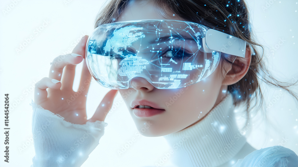 portrait of a girl in VR sunglasses on blue background portrait of a girl in VR sunglasses on blue background