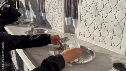 Pilgrim girl drinks zamzam water in the Prophet's Mosque in Medina Saudi Arabia.