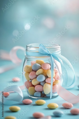 Colorful candy jar filled with pastel candies and decorated with a pink ribbo...