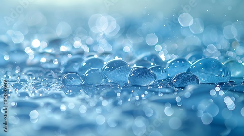 Intricate textures of water droplets captured on reflective smooth surface surrounded by light blue hues