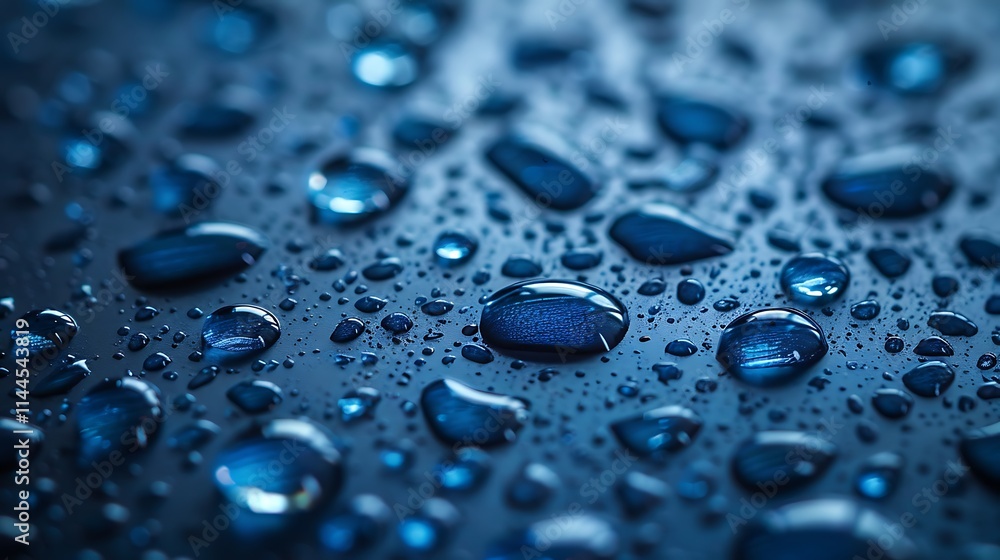 Macro image of water droplets with luminous clarity scattered over sleek surface with tranquil blue backdrop Macro image of water droplets with luminous clarity scattered over sleek surface with tranquil blue backdrop