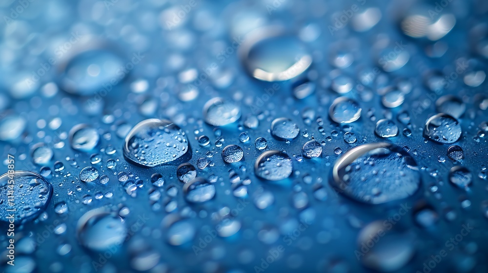 Macro shot of water droplets on smooth reflective surface with soft blue background highlighting intricate textures Macro shot of water droplets on smooth reflective surface with soft blue background highlighting intricate textures