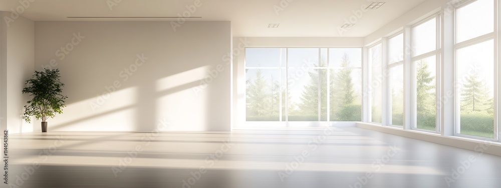 Fototapeta premium Expansive Light-Filled Room with Scenic Windows and Minimalist Potted Tree Decor : Generative AI
