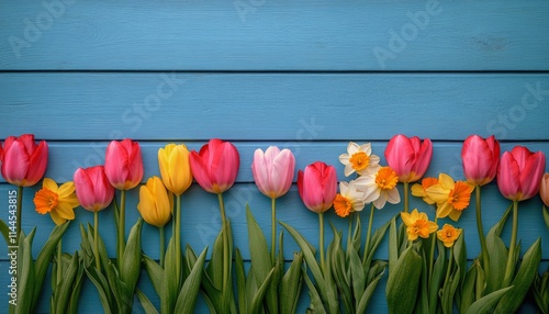 Colorful arrangement of tulips and daffodils on blue wooden background showca...