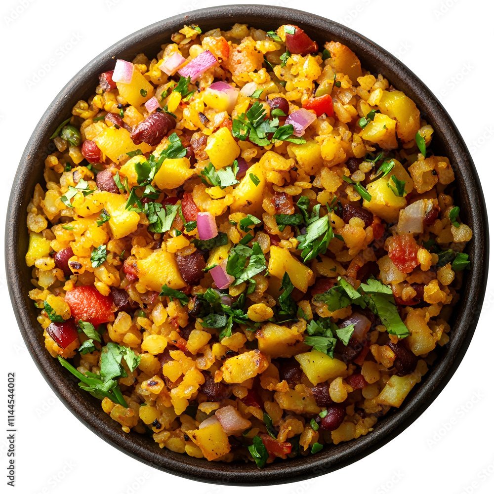 Top view of an extremely perfect looking poha in a dark terracotta dish isolated on a white transparent background Top view of an extremely perfect looking poha in a dark terracotta dish isolated on a white transparent background