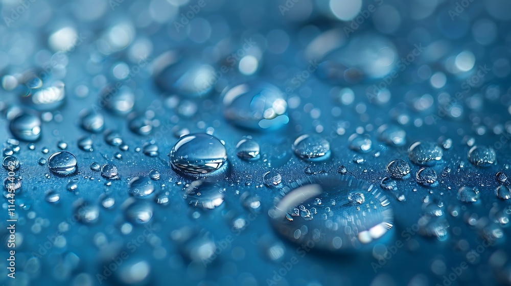 Close-up of perfectly rounded water droplets scattered on glossy surface against calming blue tones Close-up of perfectly rounded water droplets scattered on glossy surface against calming blue tones