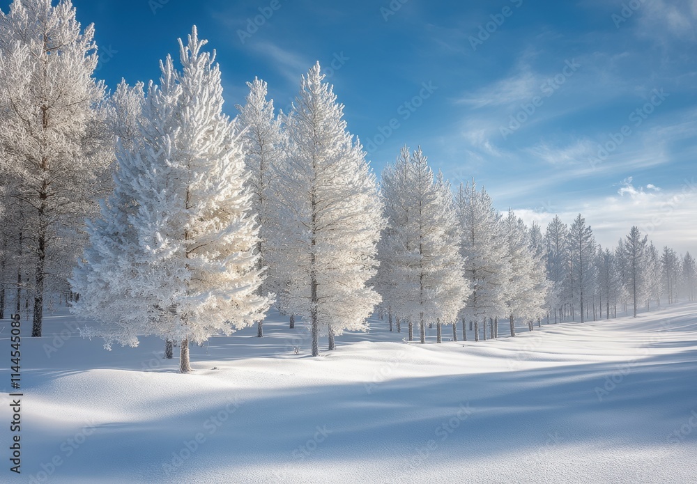 Serene Winter Landscape with Snow-Covered Pine Trees Under a Clear Blue Sky, Evoking Tranquility and Peacefulness in a Beautiful Frozen Scene Serene Winter Landscape with Snow-Covered Pine Trees Under a Clear Blue Sky, Evoking Tranquility and Peacefulness in a Beautiful Frozen Scene