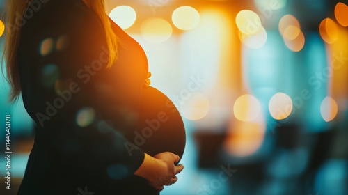Expecting mother gently cradles her baby bump against a backdrop of a city sk...