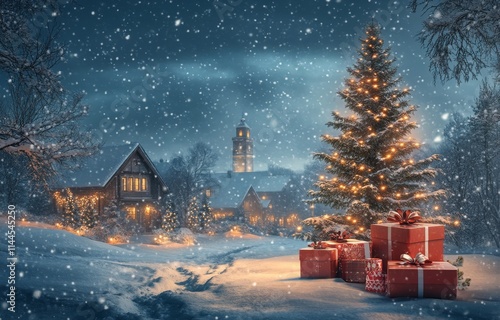 Festive winter evening with snow falling on a charming village adorned with C...