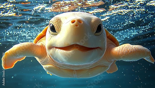 Joyful smiling sea turtle swimming underwater. Generative AI , isolated on white background,  , copy space, copy space for text,