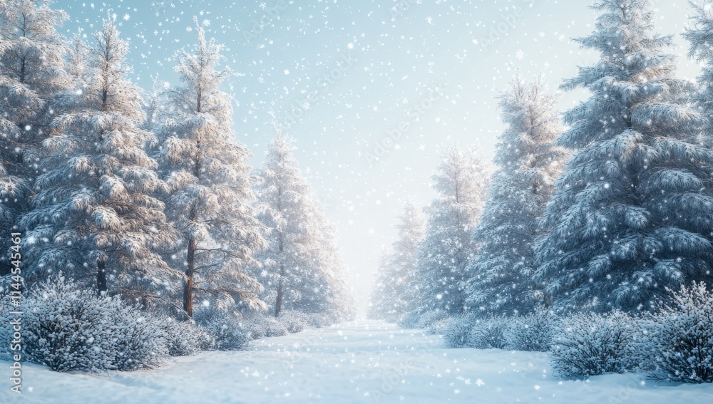 Serene Winter Landscape with Snow-Covered Trees and Falling Snowflakes in a Tranquil Forest Scene Under a Soft Blue Sky Serene Winter Landscape with Snow-Covered Trees and Falling Snowflakes in a Tranquil Forest Scene Under a Soft Blue Sky