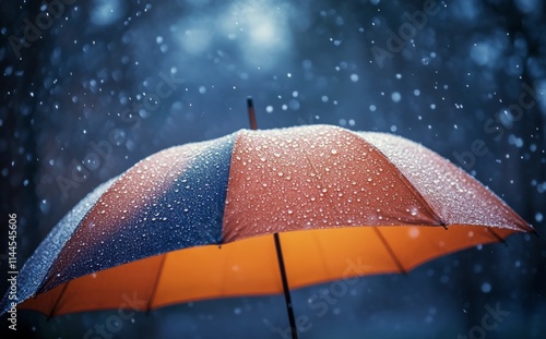 Close-up of a black umbrella with water droplets during a rainy day, capturin...