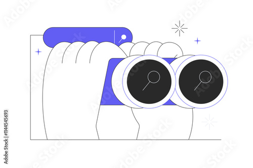 Hands Holding Binocular. Browsing online information, surfing internet with binocular. Search bars. SEO concept. Trendy Flat Cartoon Vector Illustration, icon. Stylish abstract Blue 