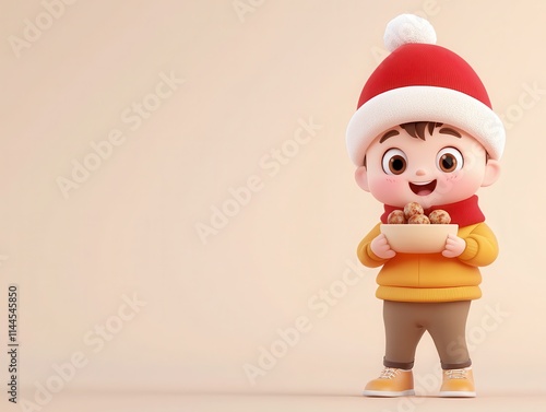 A cheerful 3D cartoon boy wearing a Santa hat, orange winter coat, and a red scarf, holding a plate of festive treats. He is smiling and pointing upward, embodying the joy and warmth of the holiday se