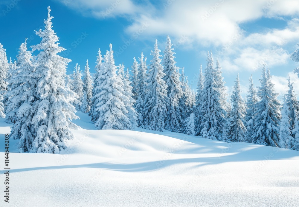Serene Winter Landscape with Snow-Covered Trees Under Clear Blue Sky in Majestic Mountain Wilderness Scene Serene Winter Landscape with Snow-Covered Trees Under Clear Blue Sky in Majestic Mountain Wilderness Scene