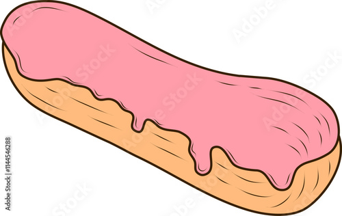 Sweet eclair with pink glaze and custard cream. Cartoon style vector illustration isolated on white background. Tasty, cute dessert and sweet pastry for menu, cafes, recipes, bakery, confectionery