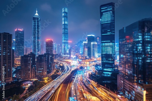 Wallpaper Mural City skyline illuminated at night showcasing skyscrapers and bustling traffic under a vibrant glow Torontodigital.ca