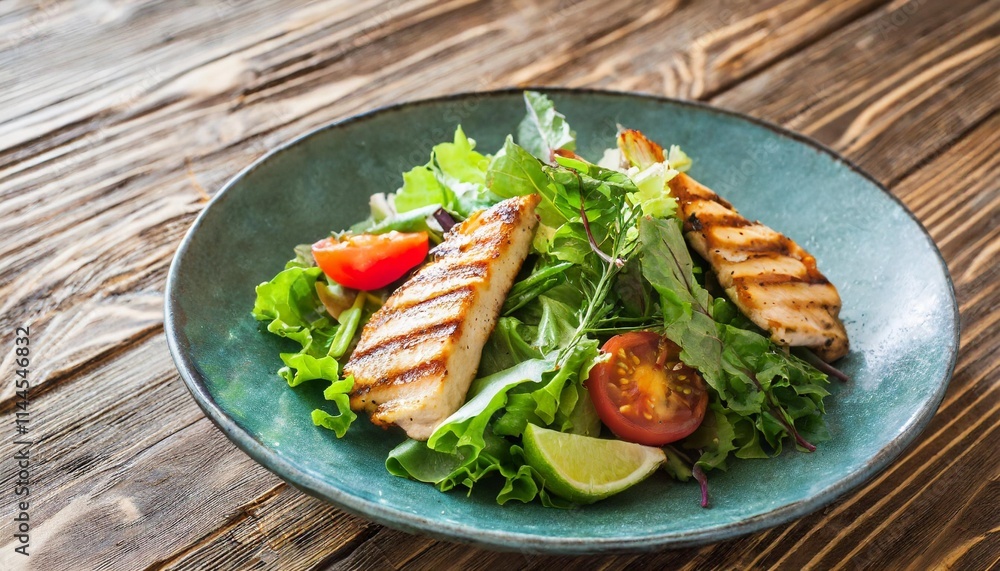 Fresh and Healthy Salad with Grilled Chicken and Mixed Vegetables on a Wooden Table Fresh and Healthy Salad with Grilled Chicken and Mixed Vegetables on a Wooden Table