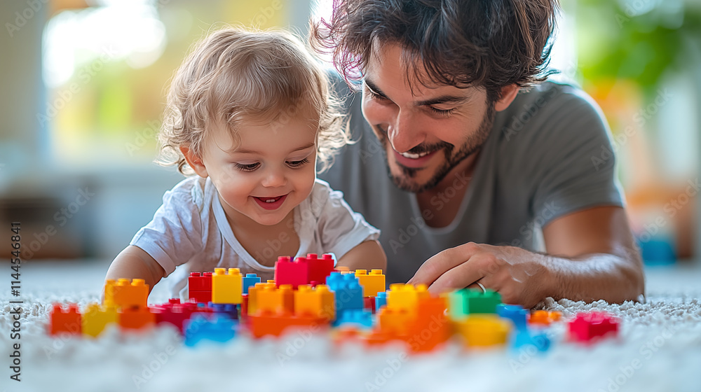 Cute little girl and her handsome young dad playing with colorful plastic blocks at home Cute little girl and her handsome young dad playing with colorful plastic blocks at home