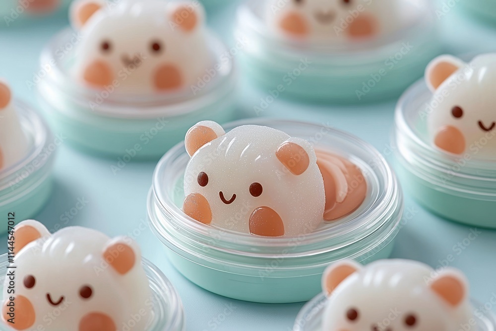 Cute Bear Shaped Desserts in Clear Containers on Light Blue Background Cute Bear Shaped Desserts in Clear Containers on Light Blue Background