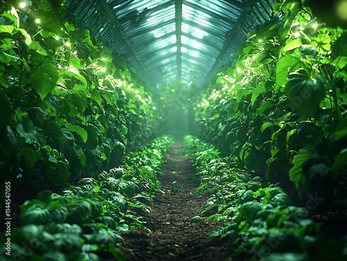 Lush Greenhouse with Genetically Engineered Crops under Controlled Lighting and Advanced Agricultural Concept photo