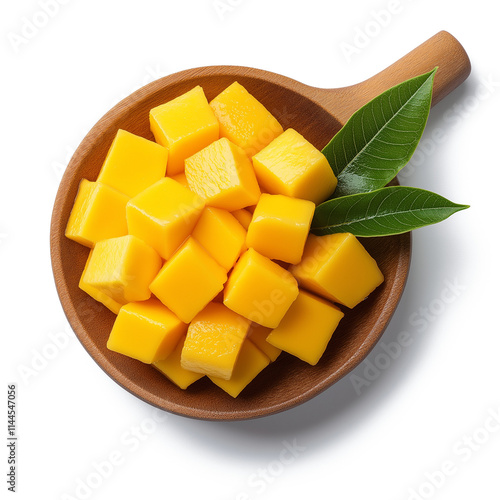 Fresh Mango with Cubes and Leaf, Isolated on a White Background photo