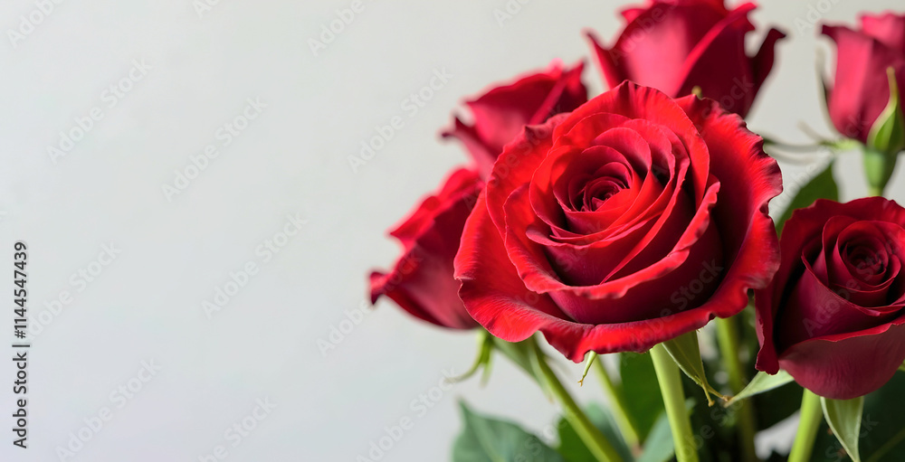 A close-up of vibrant red roses with delicate petals set against a soft gray background, ideal for romantic gift promotions, Valentine's Day visuals, or floral-themed advertisements. Selective focus A close-up of vibrant red roses with delicate petals set against a soft gray background, ideal for romantic gift promotions, Valentine's Day visuals, or floral-themed advertisements. Selective focus