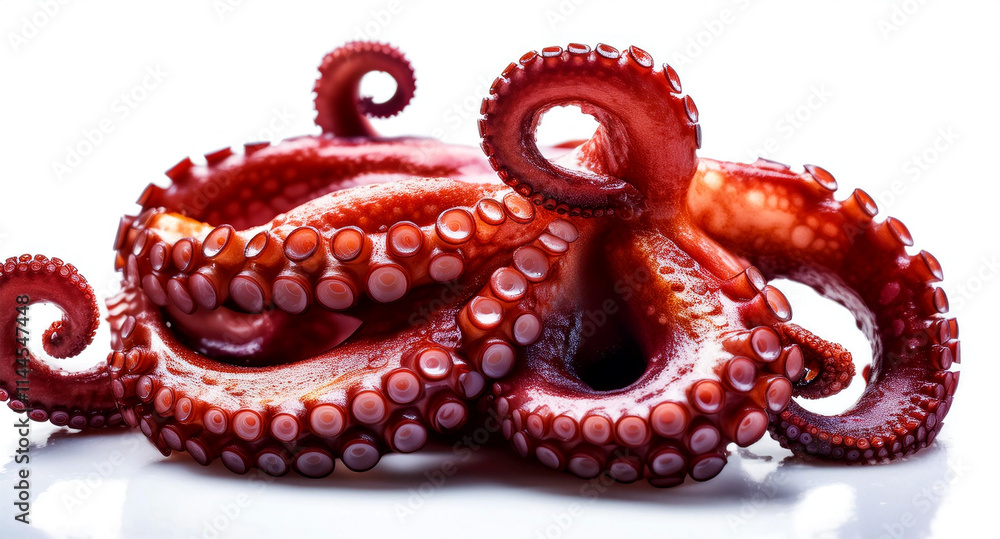 Extreme close-up, macro photography of cooked octopus tentacles with its suckers very visible, isolated on white background. Generative Ai.