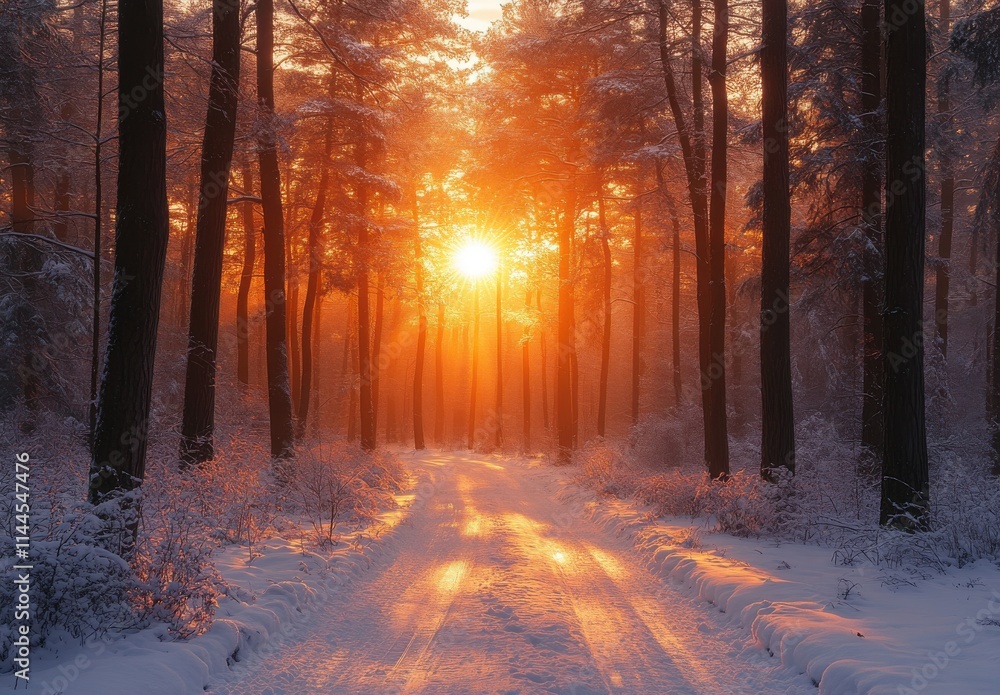Serene Winter Sunset Through Snow-Covered Forest Path, Radiating Warmth and Beauty in the Heart of Nature, Inviting Exploration and Tranquility on a Cold Day Serene Winter Sunset Through Snow-Covered Forest Path, Radiating Warmth and Beauty in the Heart of Nature, Inviting Exploration and Tranquility on a Cold Day