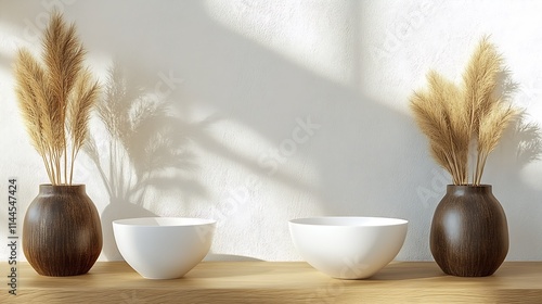 Minimalist Tabletop Decor with Dry Pampas Grass in Elegant Wooden and Ceramic Vases : Generative AI