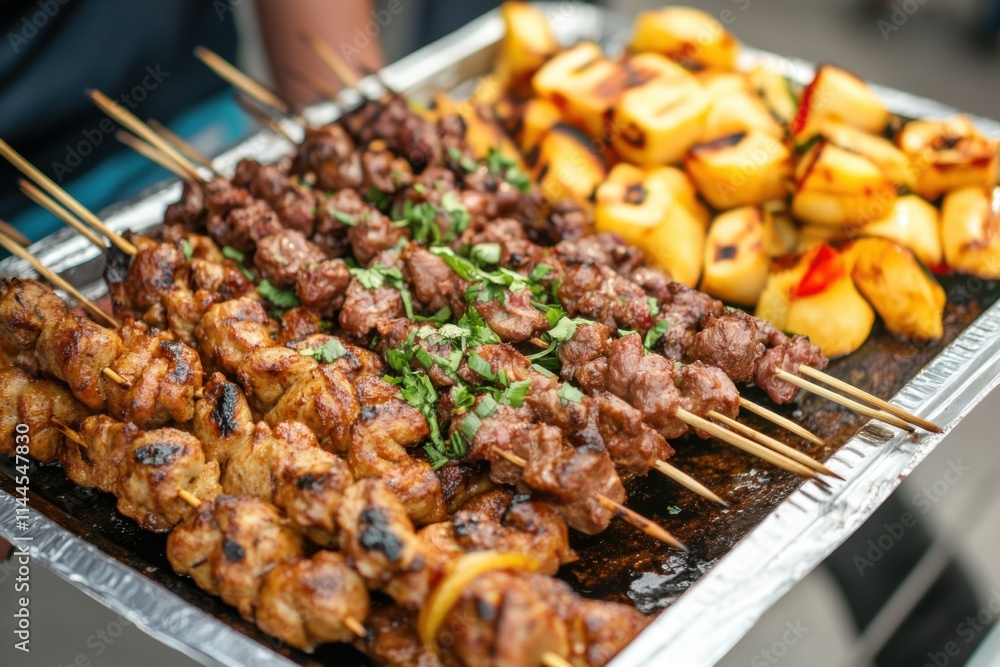 Grilled skewers and roasted vegetables on a platter served at a festive gathering Grilled skewers and roasted vegetables on a platter served at a festive gathering