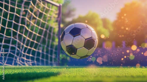 Soccer ball entering the goal net with colorful background during an exciting...