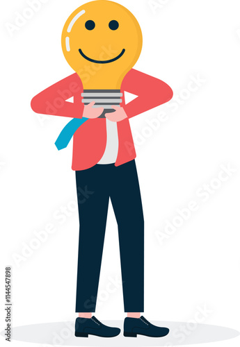 A man hugging a smiling idea lamp, an illustration for positive thinking.

