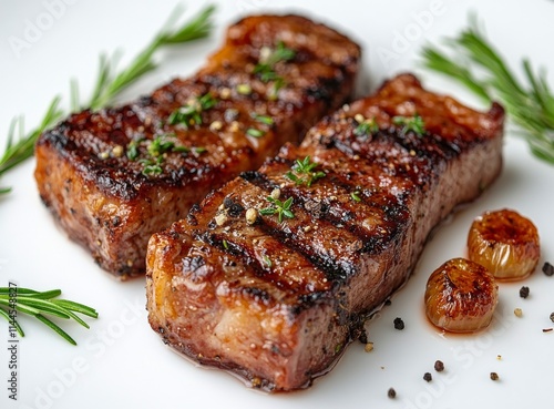 Tender pieces of seasoned meat garnished with fresh herbs on a white plate pr...