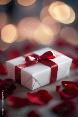 Elegant gift wrapped in white paper with red ribbon surrounded by rose petals...