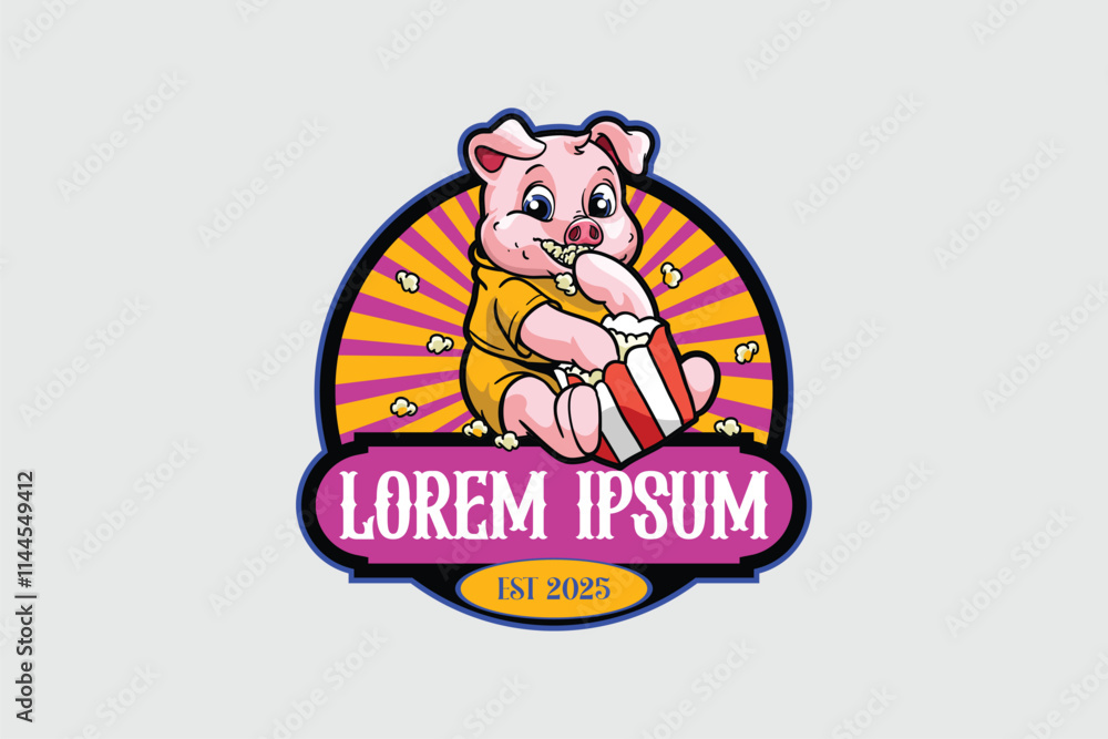 cute and friendly Pig with popcorn logo for BBQ company cute and friendly Pig with popcorn logo for BBQ company