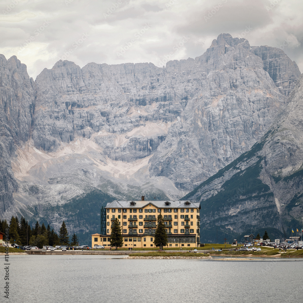 Hotel by a Lake in the Dolomites, Italy