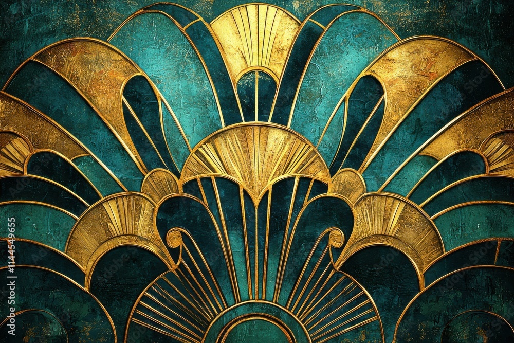 Abstract Art Deco Design With Gold Elements and Teal Background Abstract Art Deco Design With Gold Elements and Teal Background