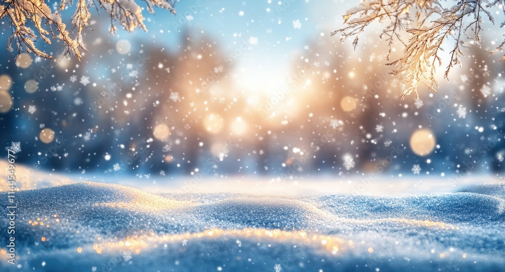 Stunning Winter Landscape with Snow, Glowing Bokeh Lights, and Frosty Trees in a Magical Evening Scene Captured in a Dreamy Atmosphere Stunning Winter Landscape with Snow, Glowing Bokeh Lights, and Frosty Trees in a Magical Evening Scene Captured in a Dreamy Atmosphere