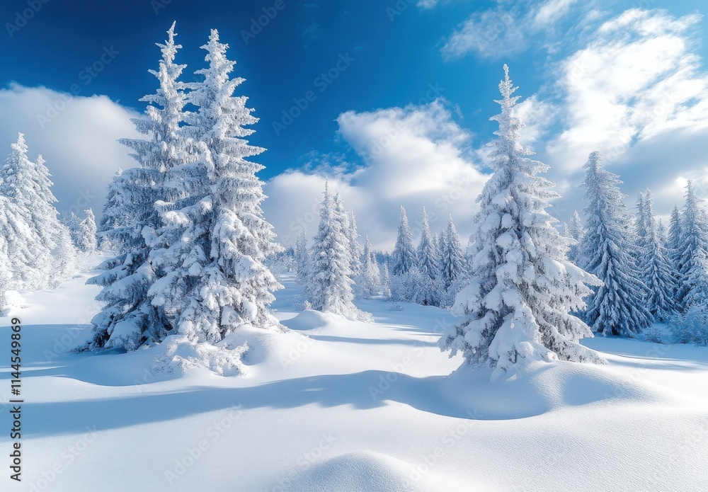 Stunning Winter Wonderland Landscape with Snow-Covered Pine Trees Under Bright Blue Sky and Fluffy White Clouds in a Peaceful Nature Scene Stunning Winter Wonderland Landscape with Snow-Covered Pine Trees Under Bright Blue Sky and Fluffy White Clouds in a Peaceful Nature Scene