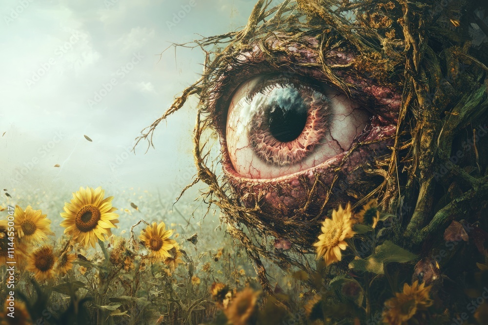 A giant eye, overgrown with vines and roots, peers out from a field of sunflowers.