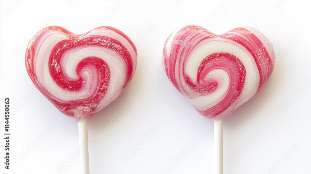 Two heart-shaped lollipops with pink and red swirls on a white background, showcasing Valentine's Day candy with studio lighting, sharp focus, and high resolution, ideal for festive and romantic desig Two heart-shaped lollipops with pink and red swirls on a white background, showcasing Valentine's Day candy with studio lighting, sharp focus, and high resolution, ideal for festive and romantic desig