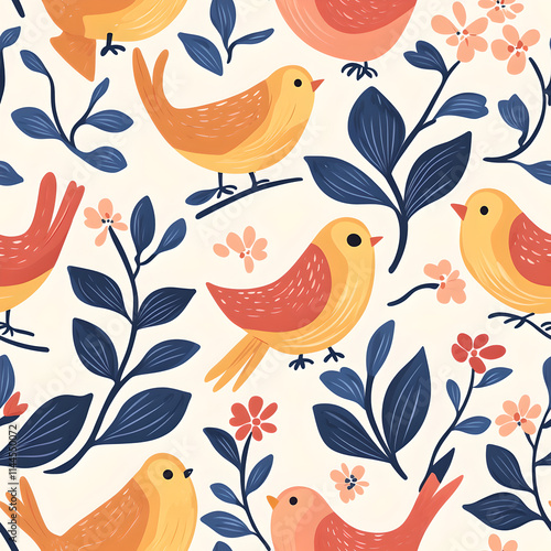 A cheerful and whimsical seamless pattern featuring cute, stylized birds in vibrant orange, yellow, and peach tones, perched among delicate branches and blossoms.