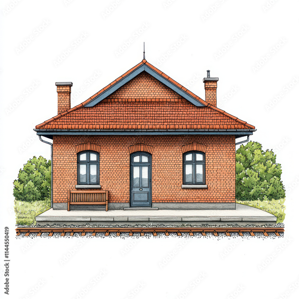 Obraz premium charming brick train station with red tiled roof, surrounded by greenery. This captures essence of vintage architecture