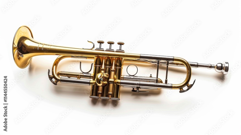 A gleaming golden trumpet rests on a stark white background, ready to play a melodious tune. A gleaming golden trumpet rests on a stark white background, ready to play a melodious tune.