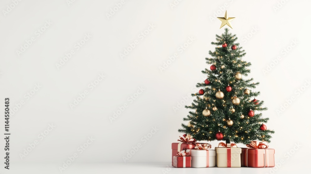 Minimalist 3D Rendering of a Christmas Tree with Gifts on a Pure White Background, 35mm Portrait, Studio Lighting, Copy Space Minimalist 3D Rendering of a Christmas Tree with Gifts on a Pure White Background, 35mm Portrait, Studio Lighting, Copy Space