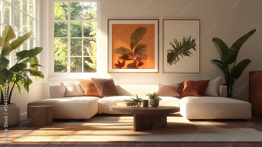 Modern Bright Living Room Interior Design with Large Windows and Stylish Wall Art Decor : Generative AI Modern Bright Living Room Interior Design with Large Windows and Stylish Wall Art Decor : Generative AI